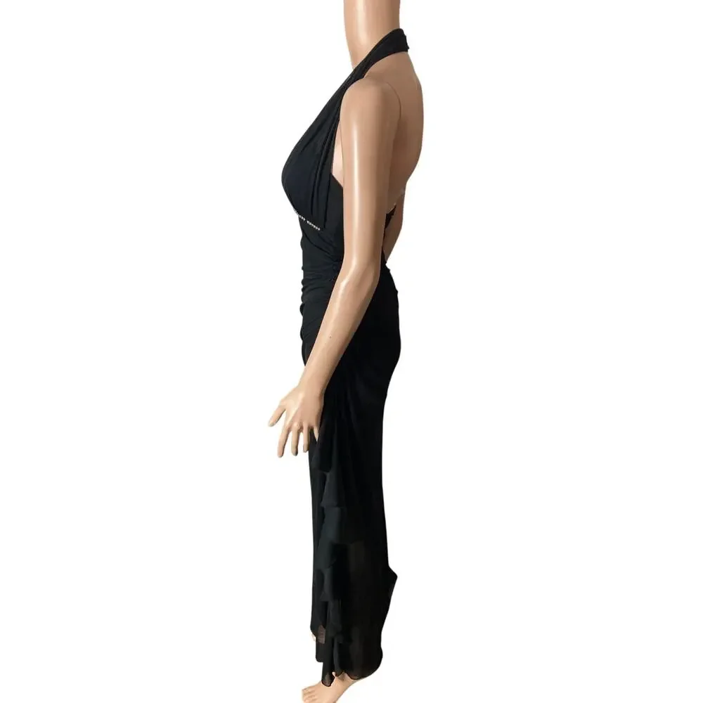 Vintage Black Halter Maxi Dress Womens Small Rhinestone Open Back Formal Gown